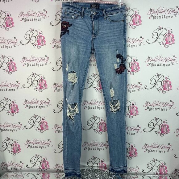 Abercrombie & Fitch jeans embroidered Light Blue Skinny Jeans Floral Patches - Picture 1 of 13